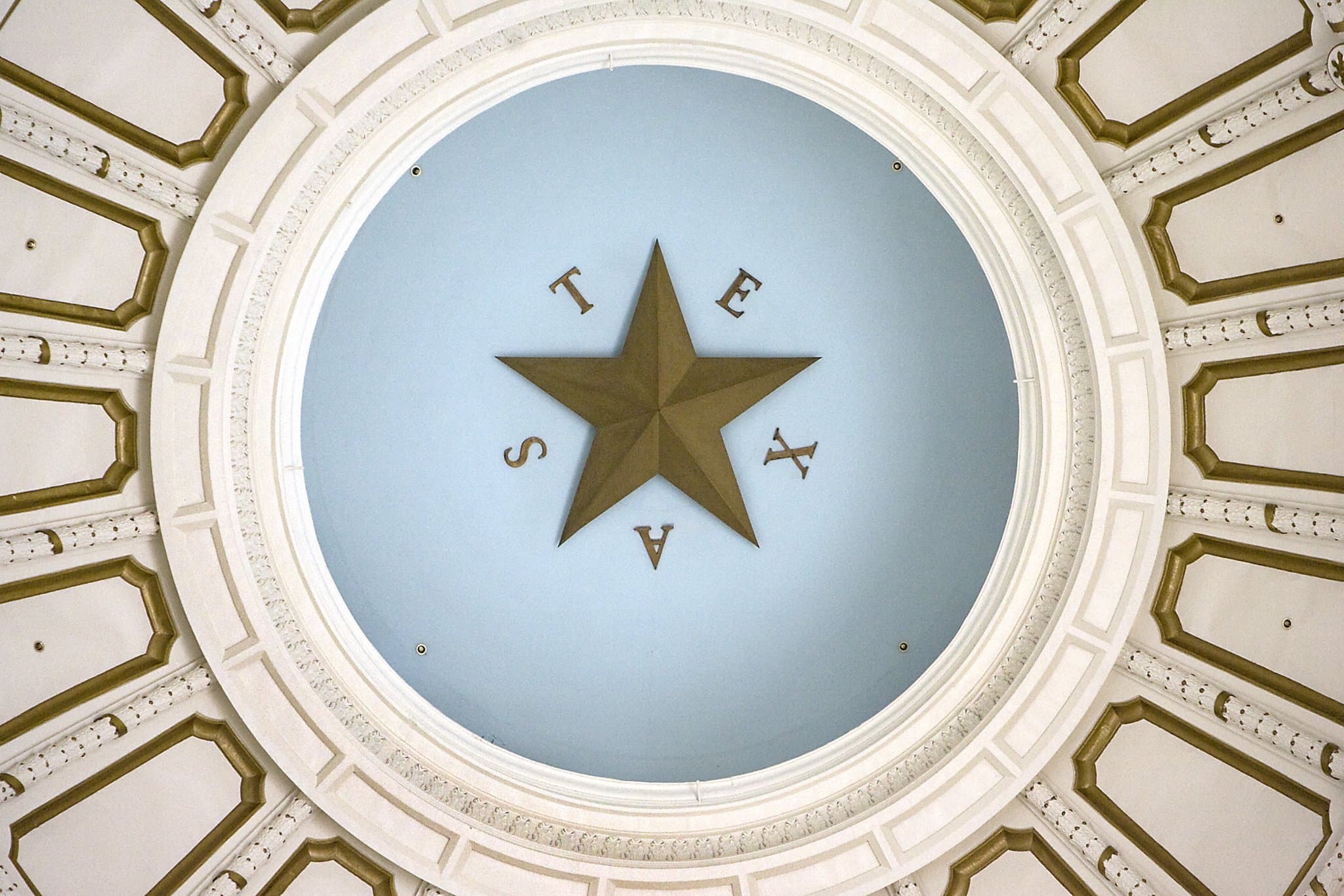 The Texas Capitol rotunda dome, looking up at the Lone Star.