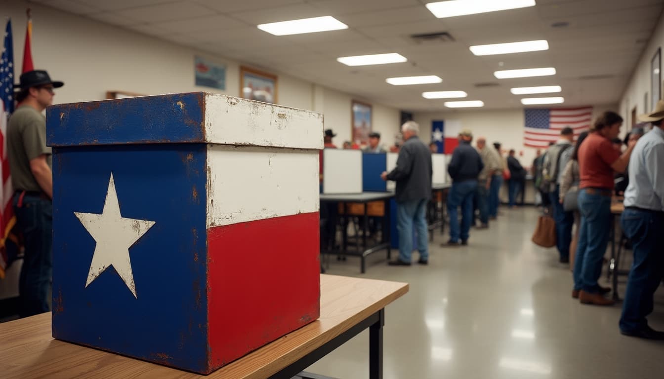 A Lone Star ballot box at a Texas polling place, voters at the booths behind it.